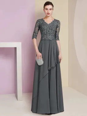 A-Line Mother of the Bride Dress Formal Luxurious Elegant V Neck Floor Length Chiffon Lace Half Sleeve with Pleats Beading Appliques