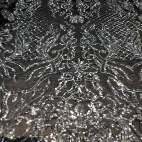 Black Silver Luna Stretch Sequins Lace Fabric