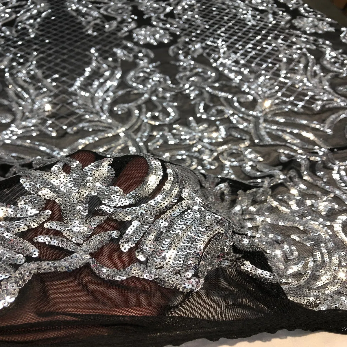 Black Silver Luna Stretch Sequins Lace Fabric