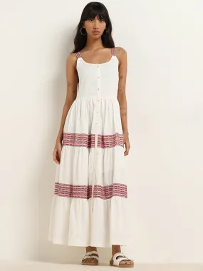 Bombay Paisley White Striped Tiered Cotton Dress