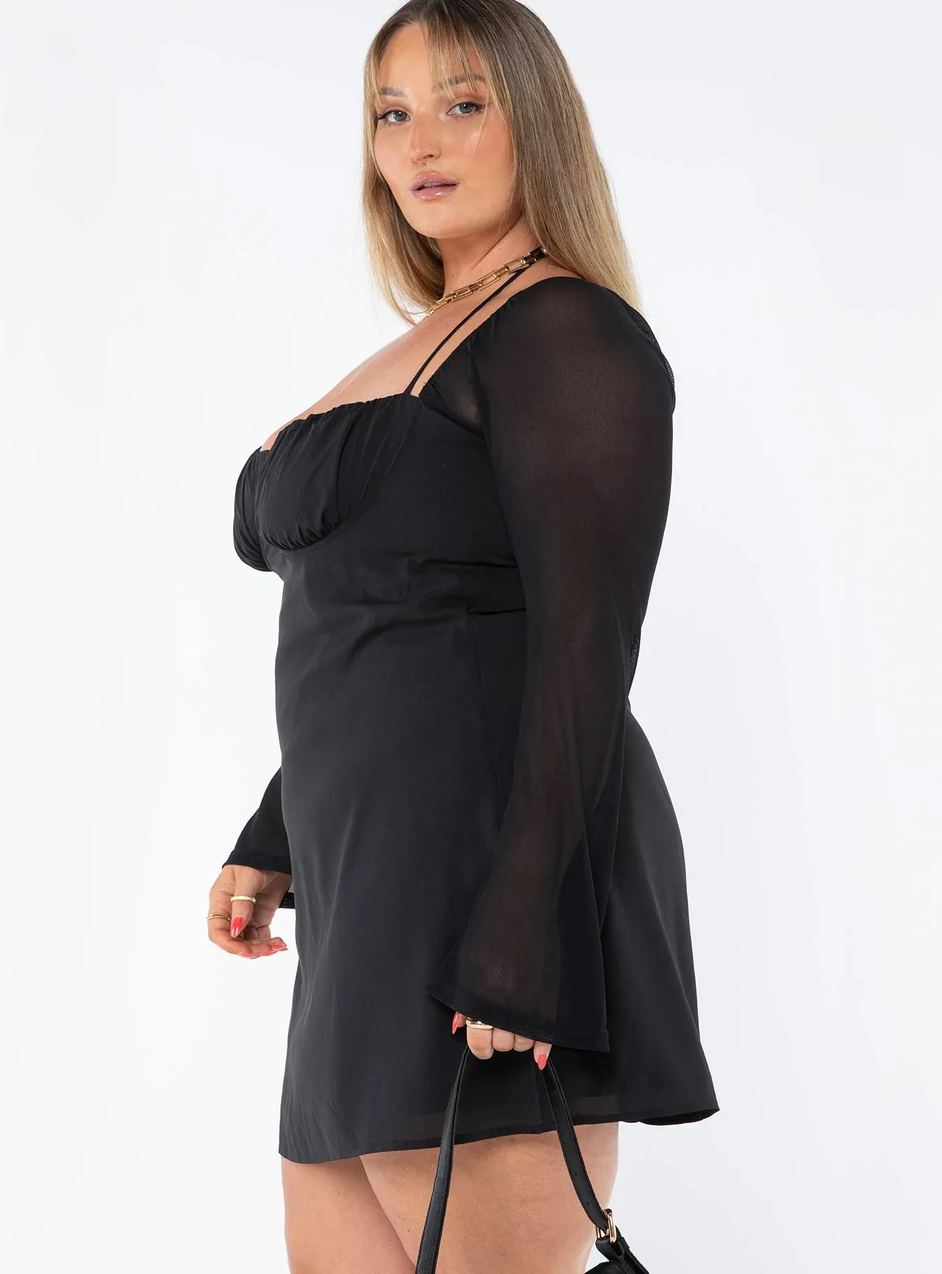 Dyer Sheer Sleeve Mini Dress Black Curve