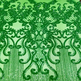 Emerald Green Alta Striped Damask Sequins Lace Fabric