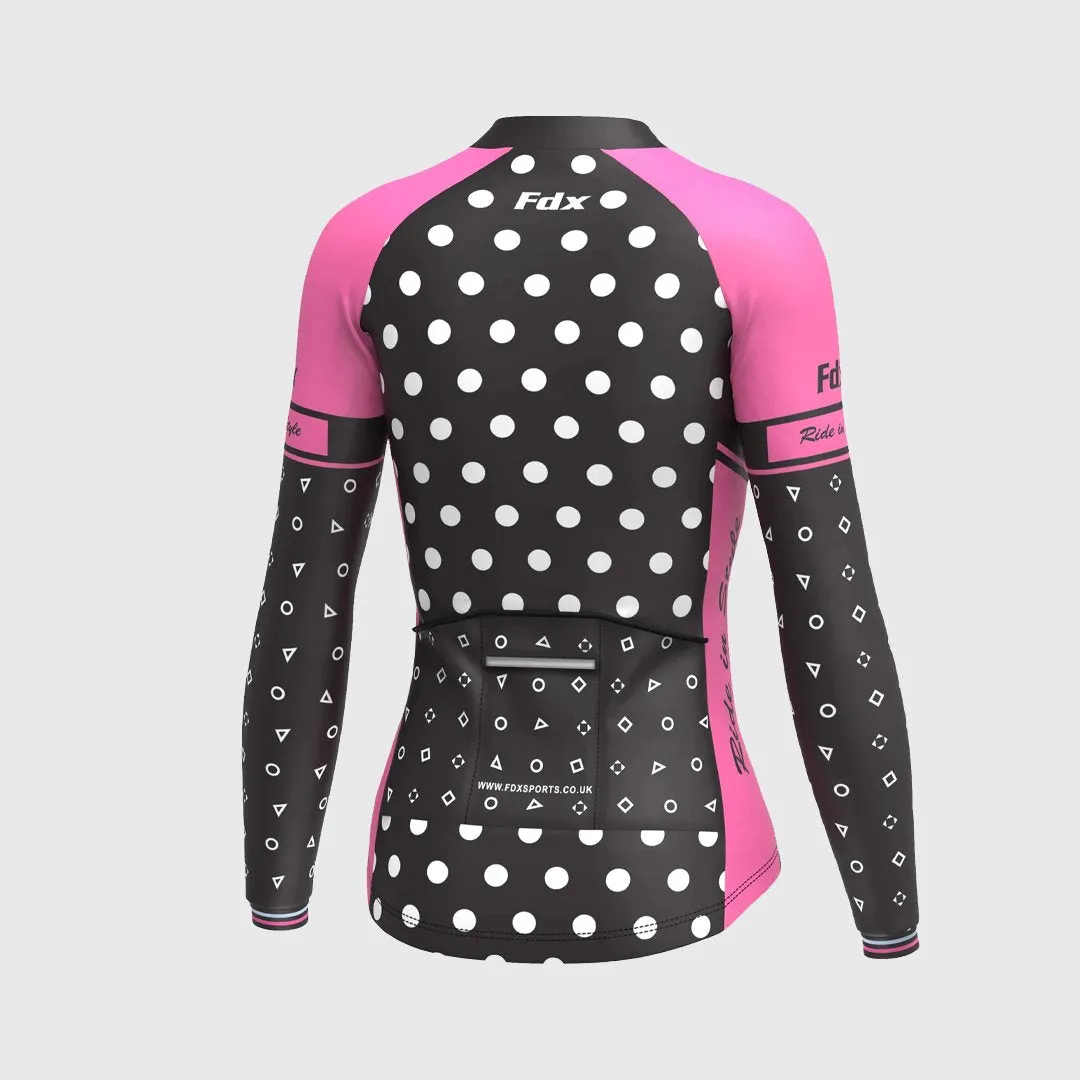 Fdx Women's & Girl's Set Polka Dots Thermal Super Roubaix Pink Cycling Jersey & Bib Tights