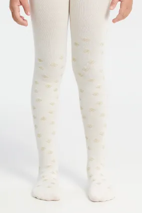 Girls Beige And Black Printed Tights Set (2 Piece)