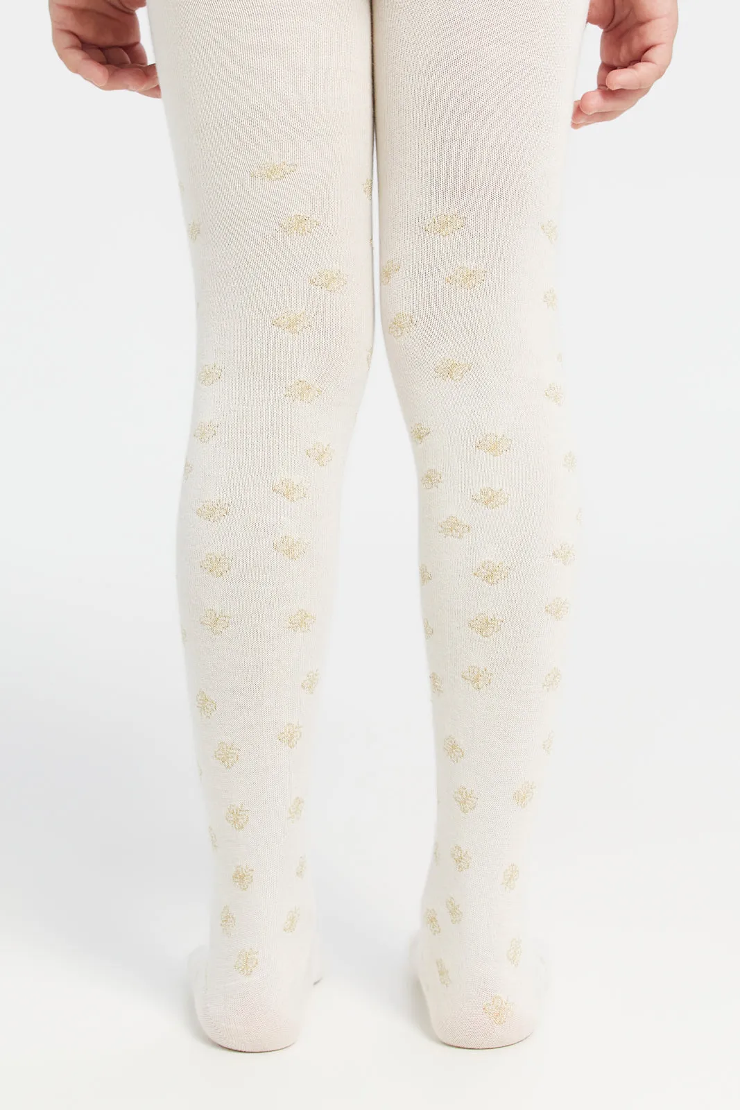 Girls Beige And Black Printed Tights Set (2 Piece)