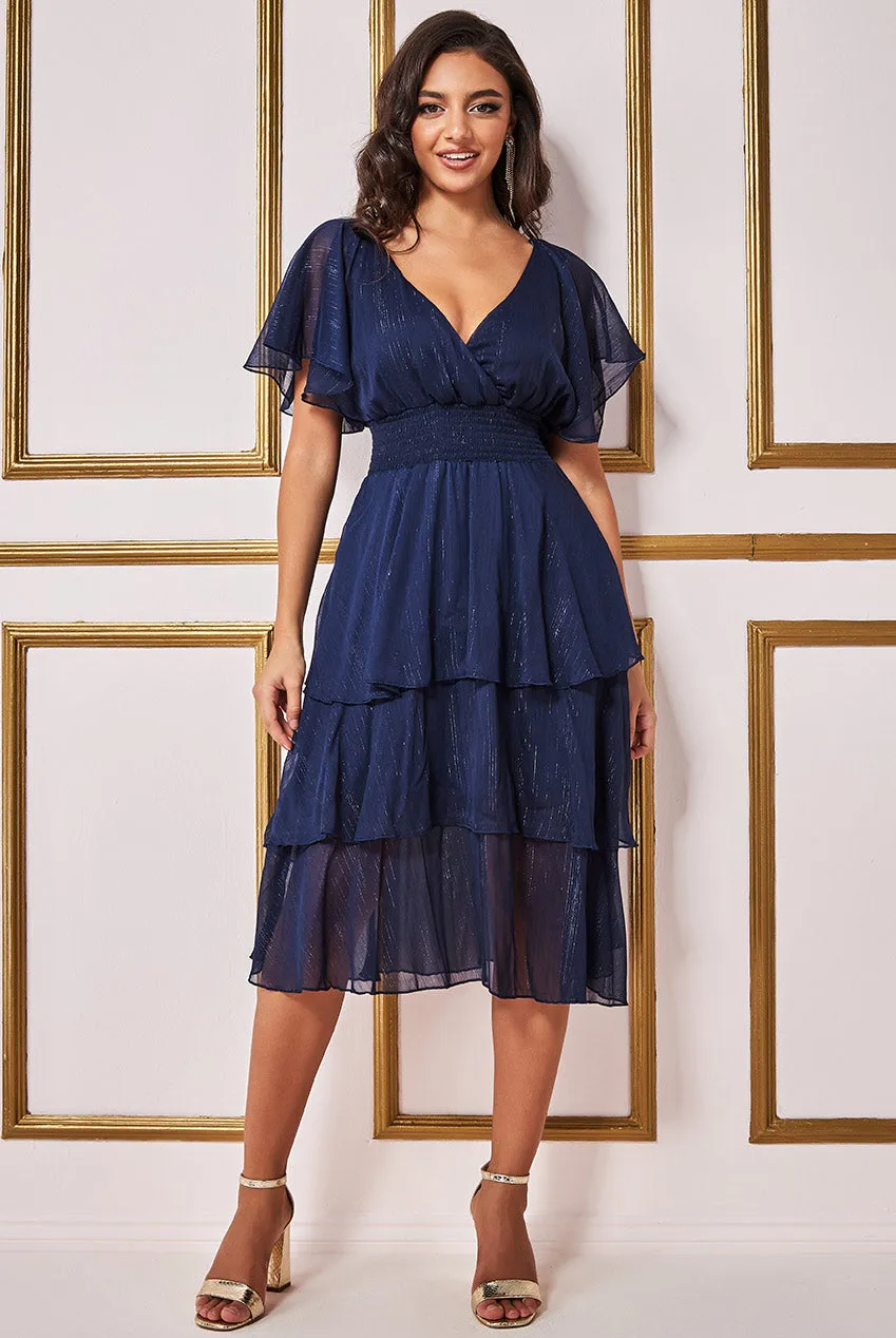 Goddiva Plain Lurex Chiffon Tiered Midi Dress