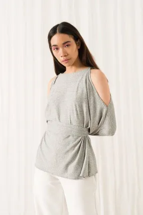 Grey Belted Keyhole Batwing Cold Shoulder Jersey Top