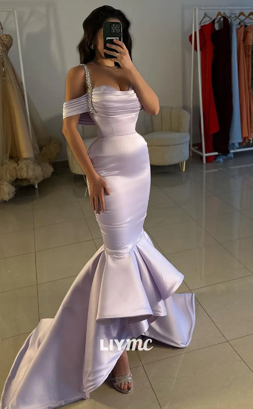 LP1791 - Off-Shoulder Straps Pleated Sleek Satin Mermaid Prom Dress