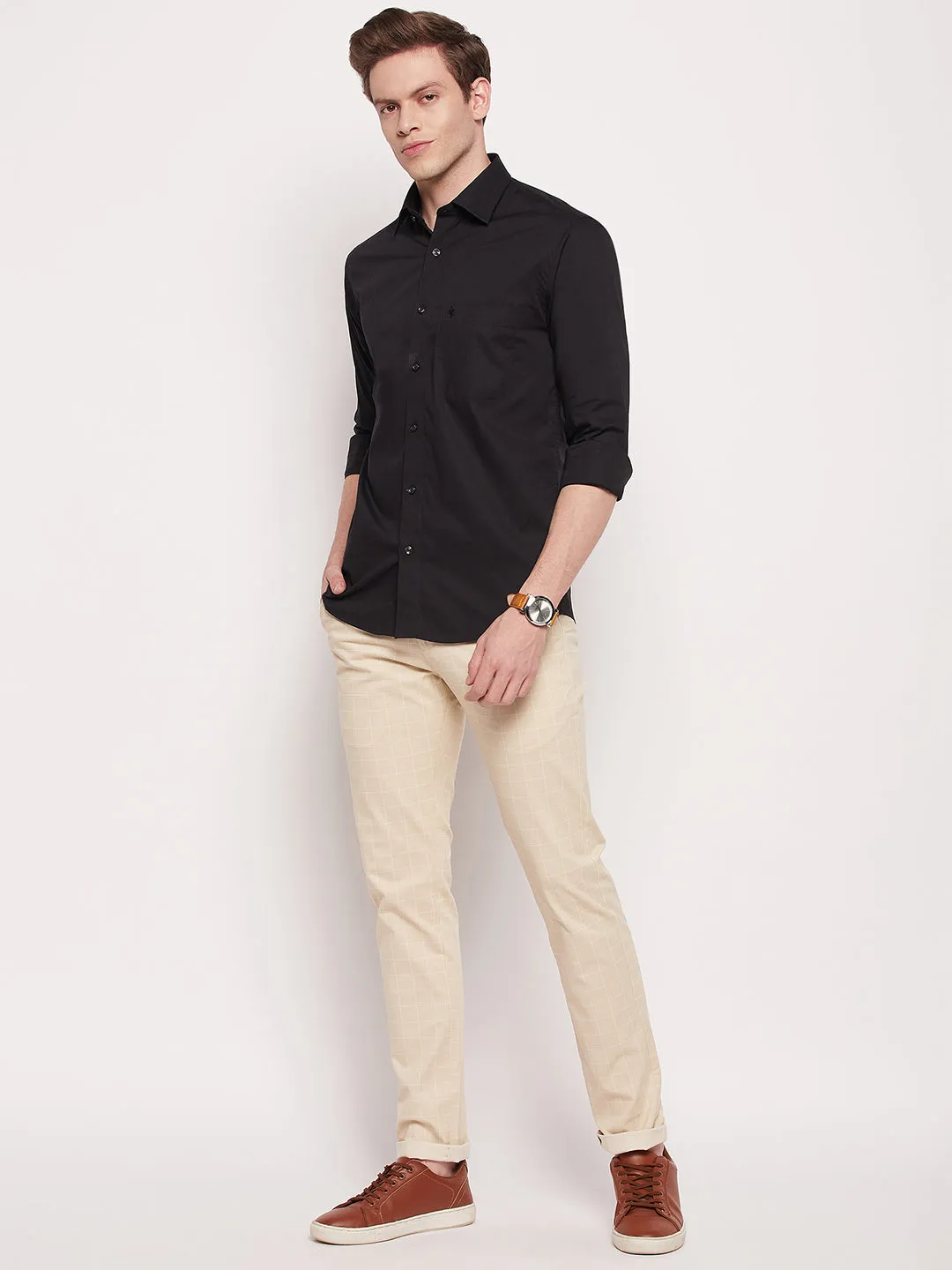 Men's Black Formal Plain Stretch Full Sleeve Shirt