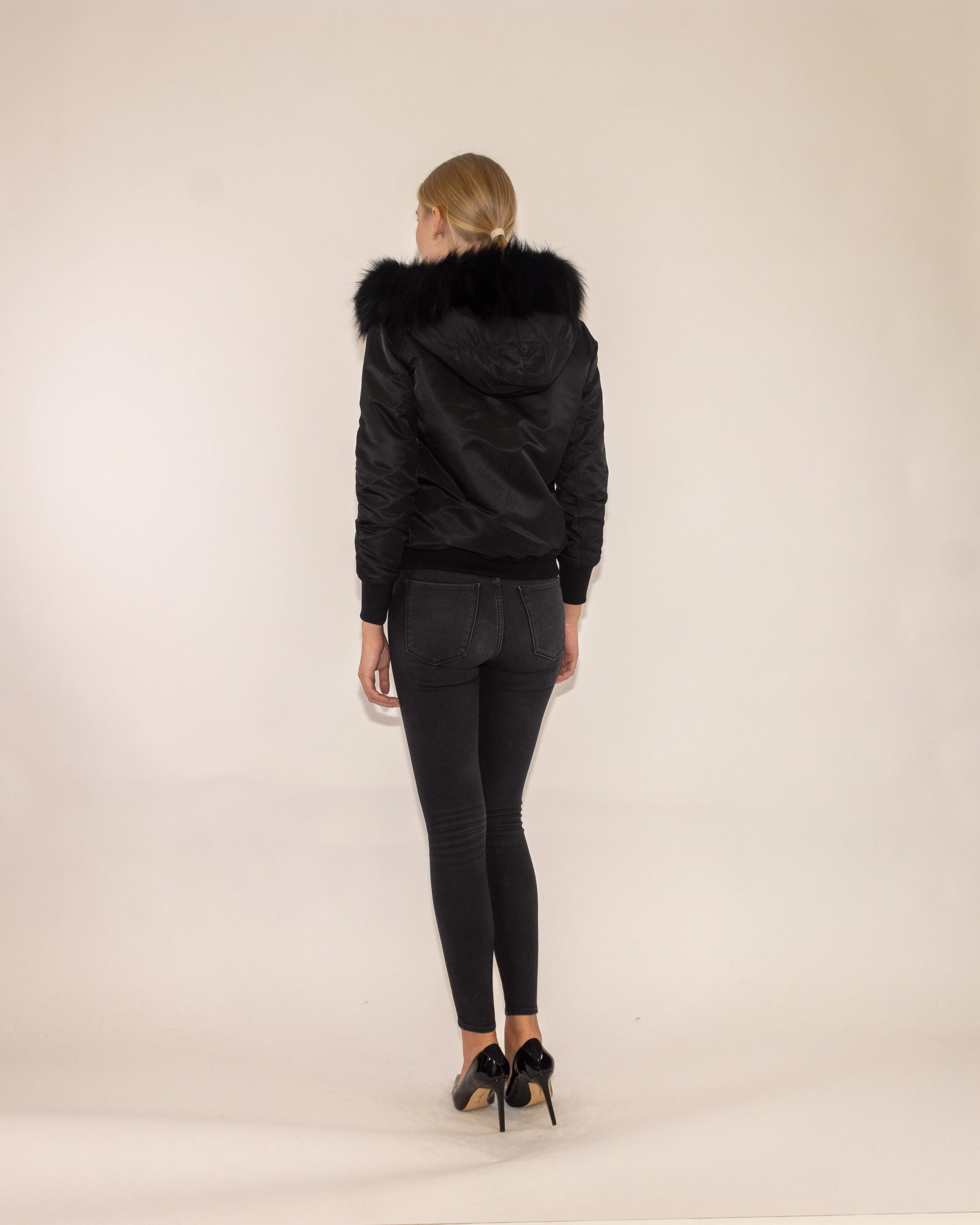 Microfabric Short Jacket with Fox Trim Hood