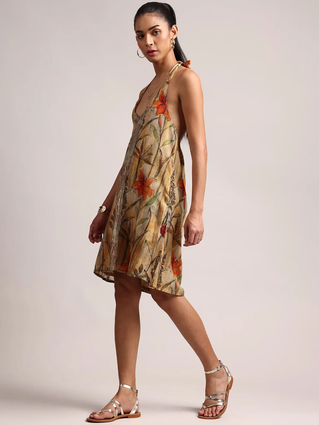 Multicolor Cotton Linen Floral A-Line Dress