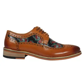 Ross - Men's Brown Floral Skull Print Leather Brogue Shoes