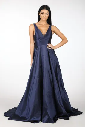 SAMIRA V-Neck Satin Ball Gown - Navy