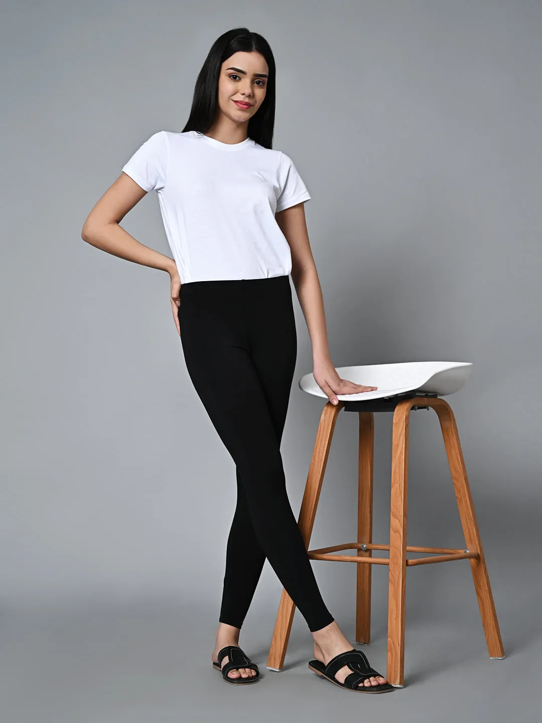 Women's Black Cotton Elastane Slim Fit Knit Tights